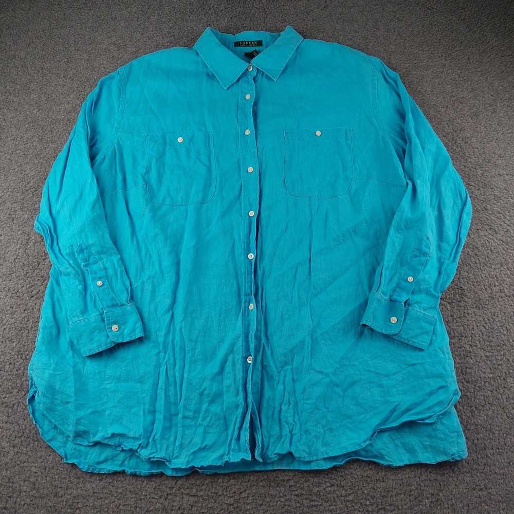 Lauren Linen Button Up Shirt Sz 3X Turquoise Blue Long Sleeve Resort Travel EUC